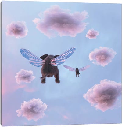 Elephant And Dog Are Flying In The Sky Canvas Art Print - Mike Kiev
