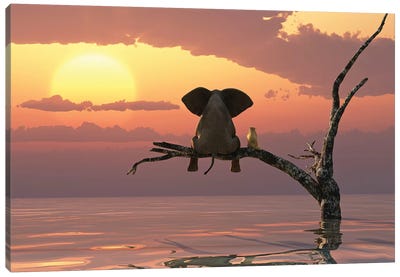 Elephant And Dog Sit On A Tree During A Flood Canvas Art Print - Golden Hour