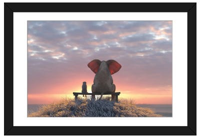 Elephant And Dog Watch The Sunrise On The Seashore Framed Art Print