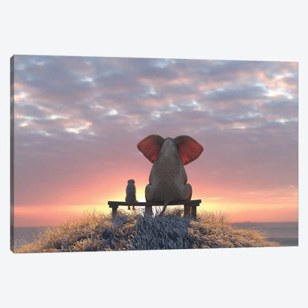 Elephant And Dog Sit Under The Rain Canv - Canvas Wall Art | Mike Kiev
