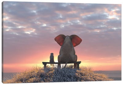Elephant And Dog Watch The Sunrise On The Seashore Canvas Art Print - Canvas Wall Art for Kids
