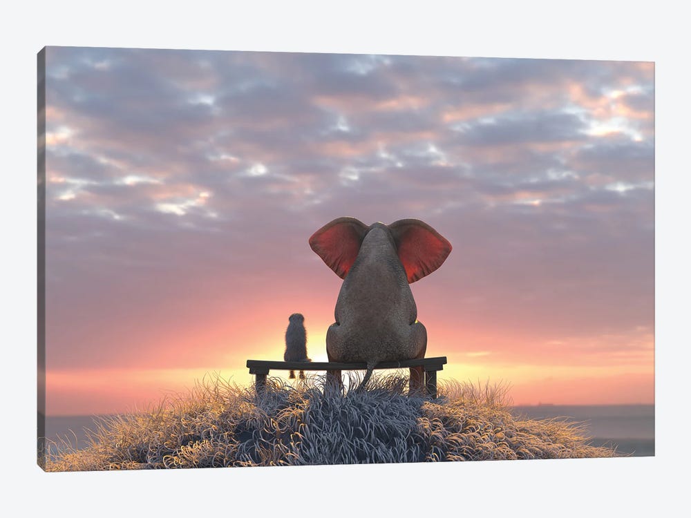 Elephant And Dog Watch The Sunrise On The Seashore by Mike Kiev 1-piece Canvas Print
