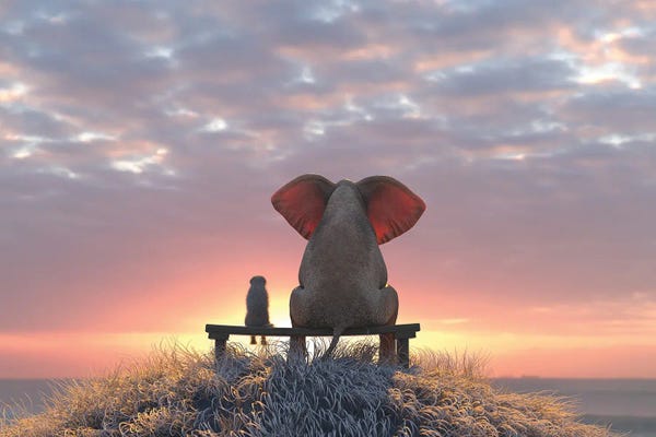 Wall Art: Elephant And Dog Watch The Sunrise On The Seashore by Mike Kiev