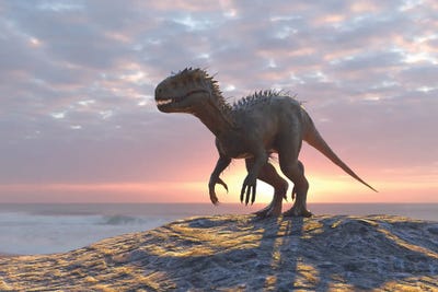 Dinosaur On A Sea Beach by Mike Kiev art print