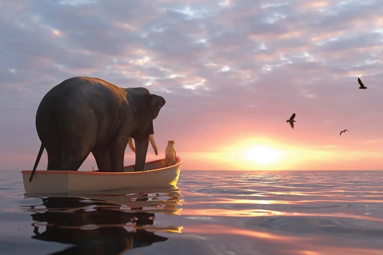 Elephant And Dog Sail In A Boat At Sea by Mike Kiev wall art