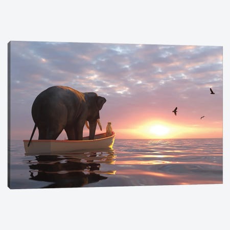Elephant And Dog Sail In A Boat At Sea Canvas Print #MII79} by Mike Kiev Canvas Wall Art