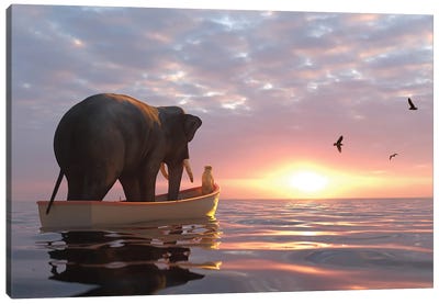 Elephant And Dog Sail In A Boat At Sea Canvas Art Print - Artists From Ukraine