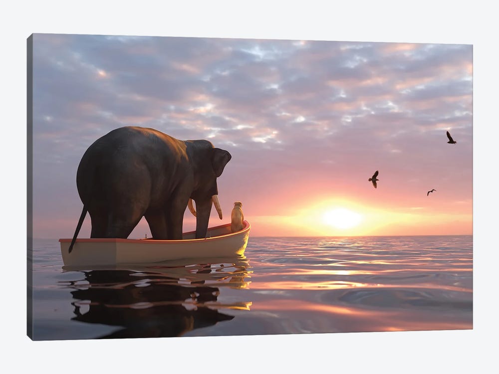 Elephant And Dog Sail In A Boat At Sea by Mike Kiev 1-piece Canvas Artwork