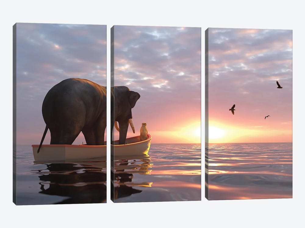 Elephant And Dog Sail In A Boat At Sea by Mike Kiev 3-piece Canvas Artwork