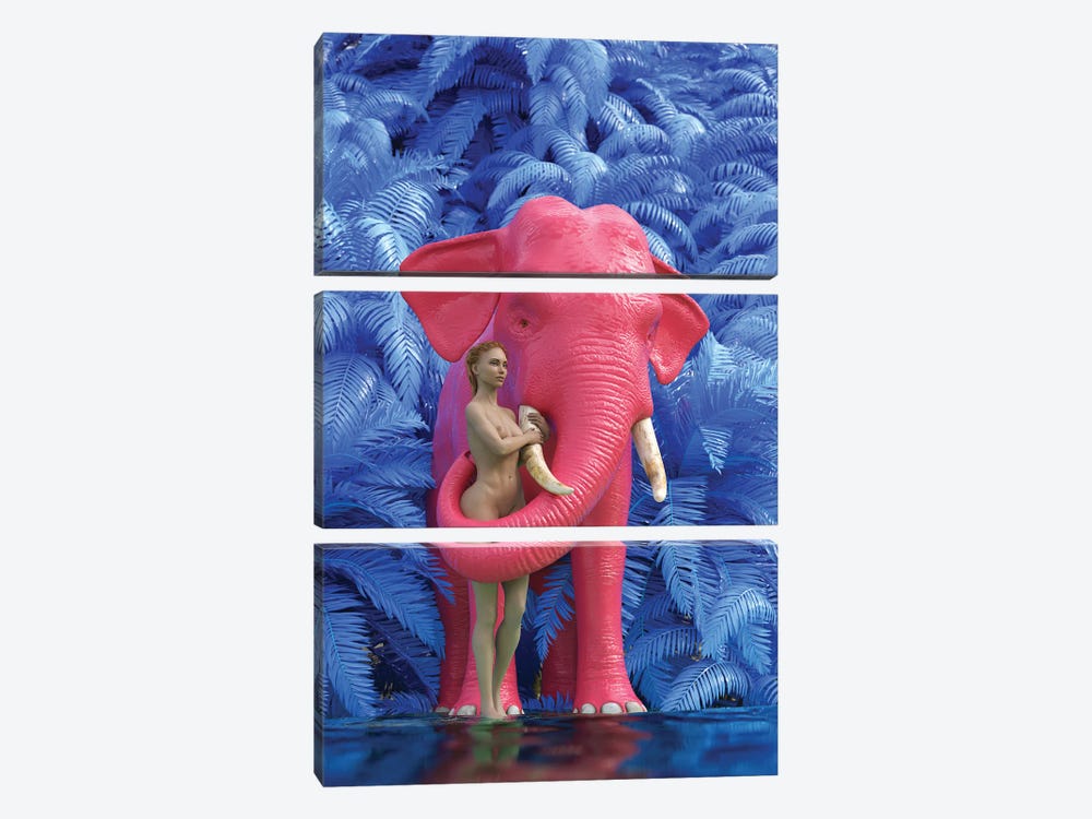 Woman Bathes A Red Elephant by Mike Kiev 3-piece Canvas Art Print