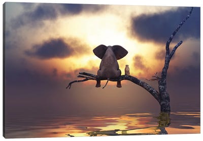 Elephant And Dog Are Sitting On A Tree Canvas Art Print - Sunrise & Sunset Art