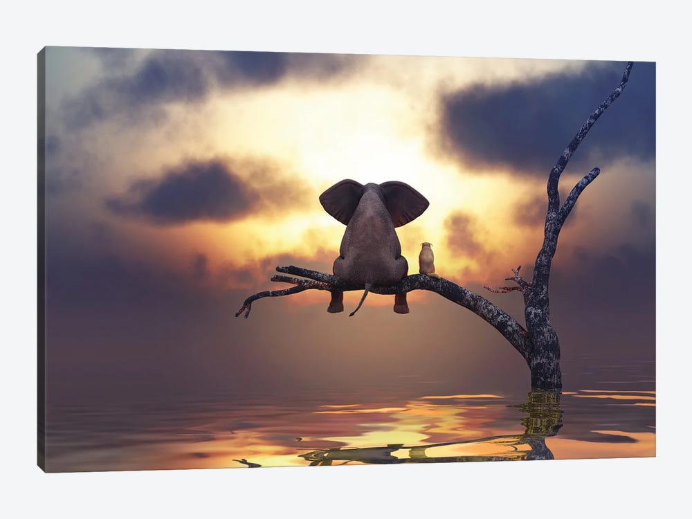 Elephant And Dog Are Sitting On A Tree by Mike Kiev 1-piece Canvas Artwork