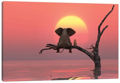 Elephant And Dog Are Sitting On A Tree At Red Sunset Canvas Art Print - Best Selling Dog Art
