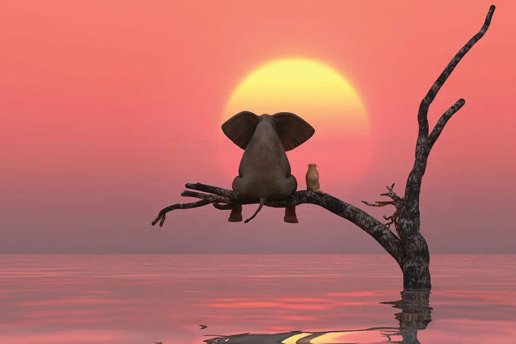 Elephant And Dog Are Sitting On A Tree At Red Sunset