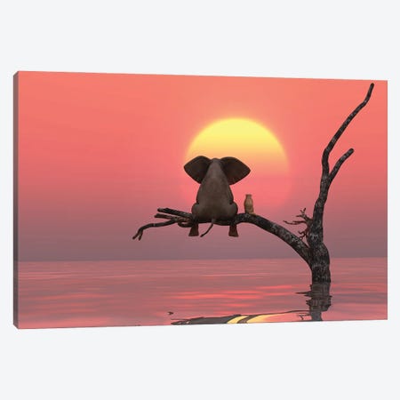 Elephant And Dog Are Sitting On A Tree At Red Sunset Canvas Print #MII83} by Mike Kiev Art Print