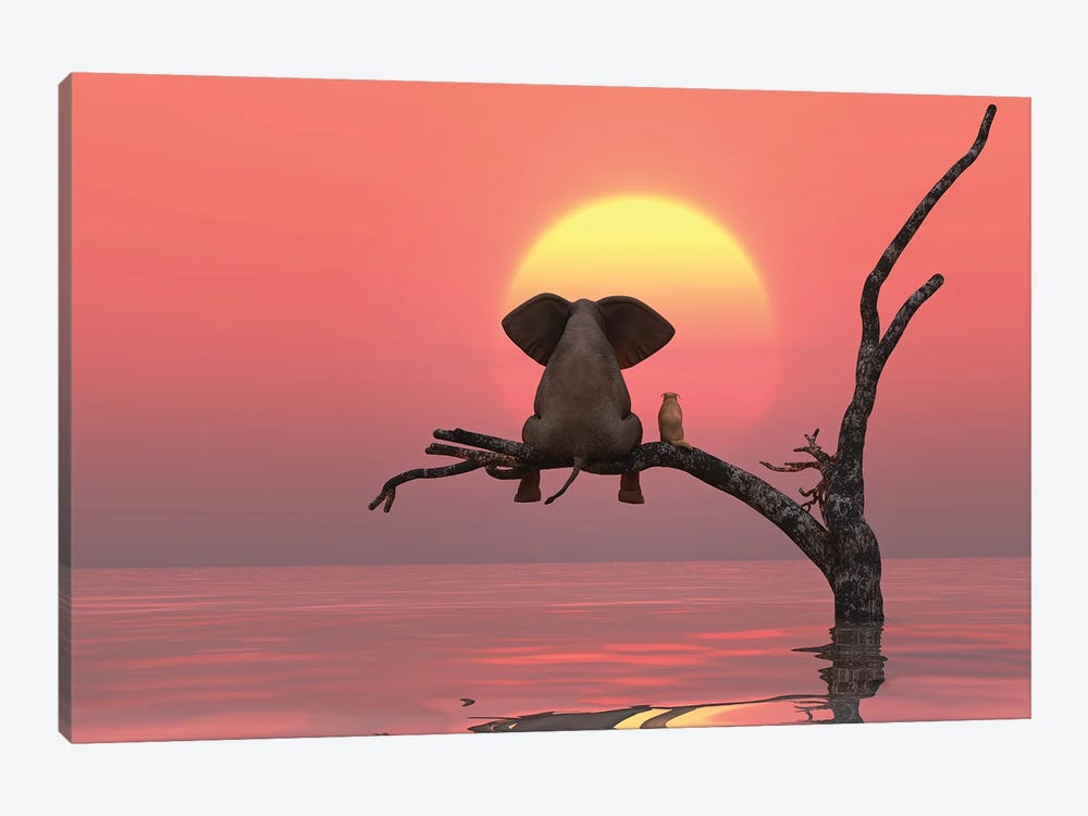 Elephant And Dog Are Sitting On A Tree At Red Sunset by Mike Kiev 1-piece Canvas Print