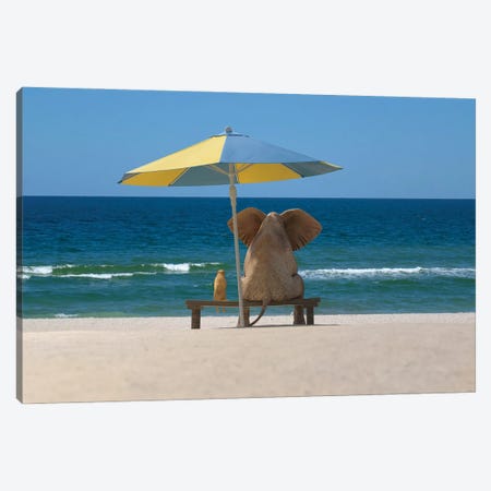 elephant and dog sit under an umbrella on the sea beach Canvas Print #MII85} by Mike Kiev Canvas Art