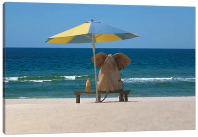 elephant and dog sit under an umbrella on the sea beach Canvas Art Print - Mike Kiev