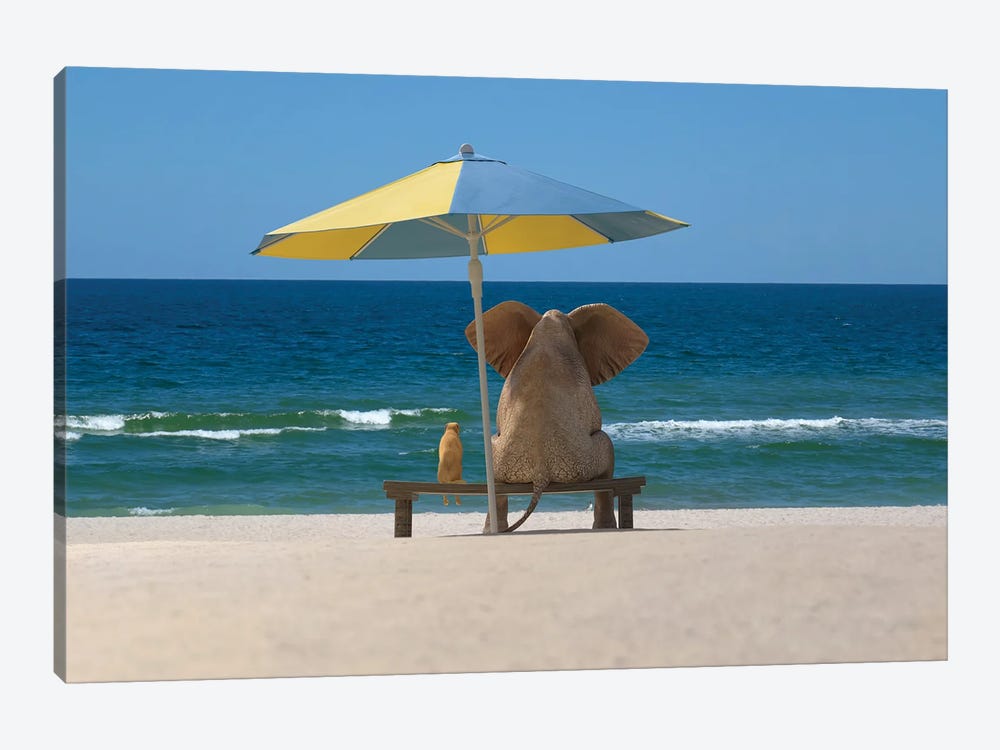 elephant and dog sit under an umbrella on the sea beach by Mike Kiev 1-piece Canvas Art Print