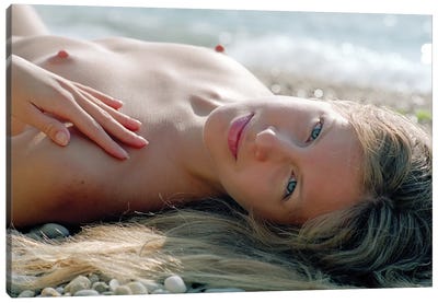 Young Woman Relaxing On The Beach Canvas Art Print - Mike Kiev