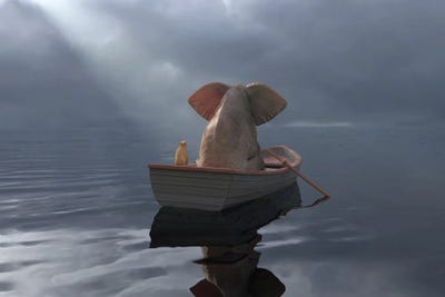 An Elephant And A Dog Float In A Boat After The Rain by Mike Kiev framed wall art