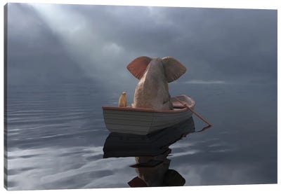 An Elephant And A Dog Float In A Boat After The Rain Canvas Art Print - Rowboat Art