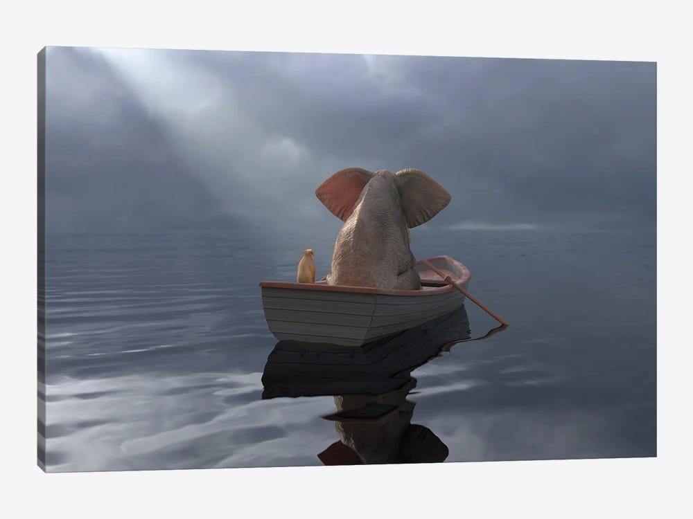 An Elephant And A Dog Float In A Boat After The Rain by Mike Kiev 1-piece Canvas Print