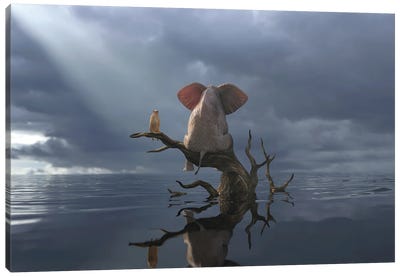 Elephant And Dog Are Sitting On A Tree In Flood II Canvas Art Print - Elephant Art