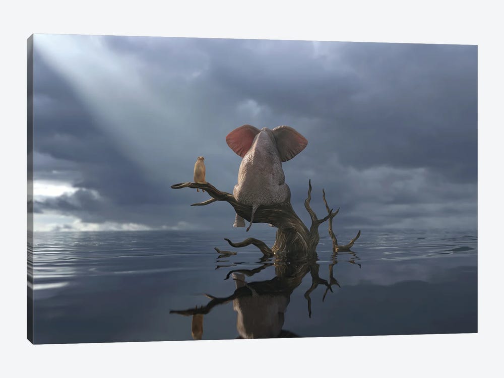 Elephant And Dog Are Sitting On A Tree In Flood II by Mike Kiev 1-piece Canvas Print