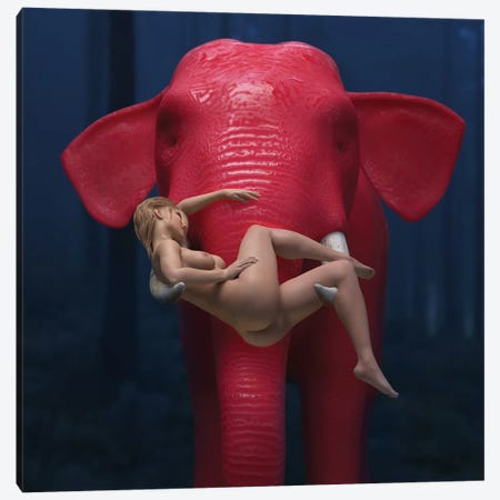 Red Elephant Carries A Young Woman Canvas Print #MII99} by Mike Kiev Canvas Art