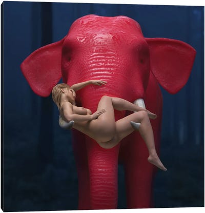 Red Elephant Carries A Young Woman Canvas Art Print - Mike Kiev