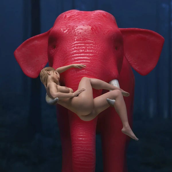 Mike Kiev: Red Elephant Carries A Young Woman by Mike Kiev