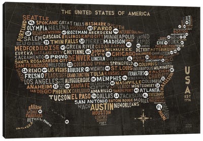 US City Map Black Canvas Art Print