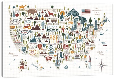 Illustrated USA Warm Canvas Art Print - USA Maps