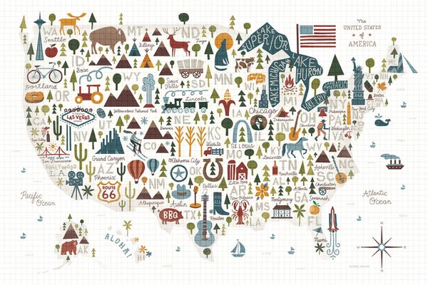 Large Map Art - Canvas Prints: Illustrated USA Warm by Michael Mullan