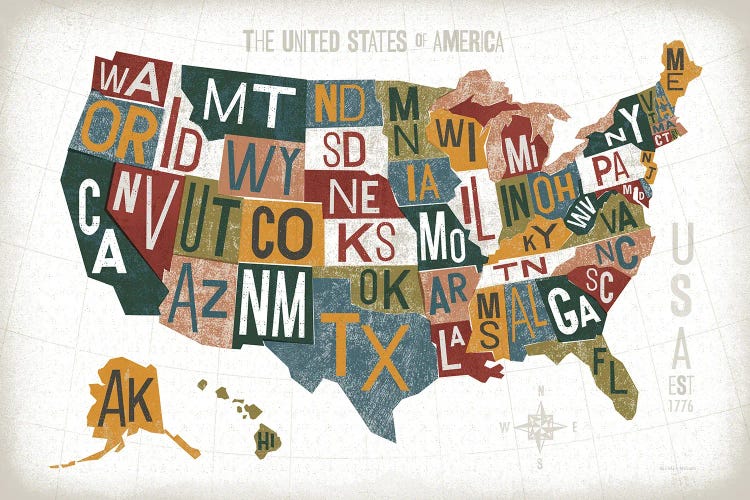 Letterpress USA Map Warm by Michael Mullan wall art