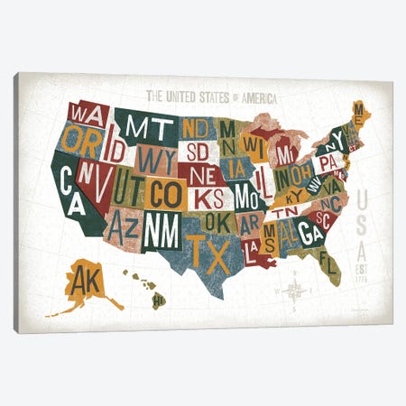 Letterpress USA Map Warm Canvas Print #MIM64} by Michael Mullan Canvas Artwork