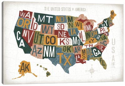 Letterpress USA Map Warm Canvas Art Print - Michael Mullan