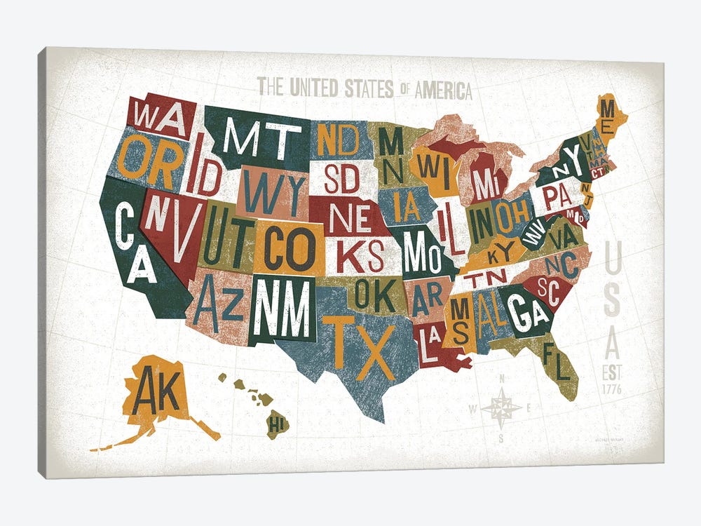 Letterpress USA Map Warm by Michael Mullan 1-piece Canvas Print