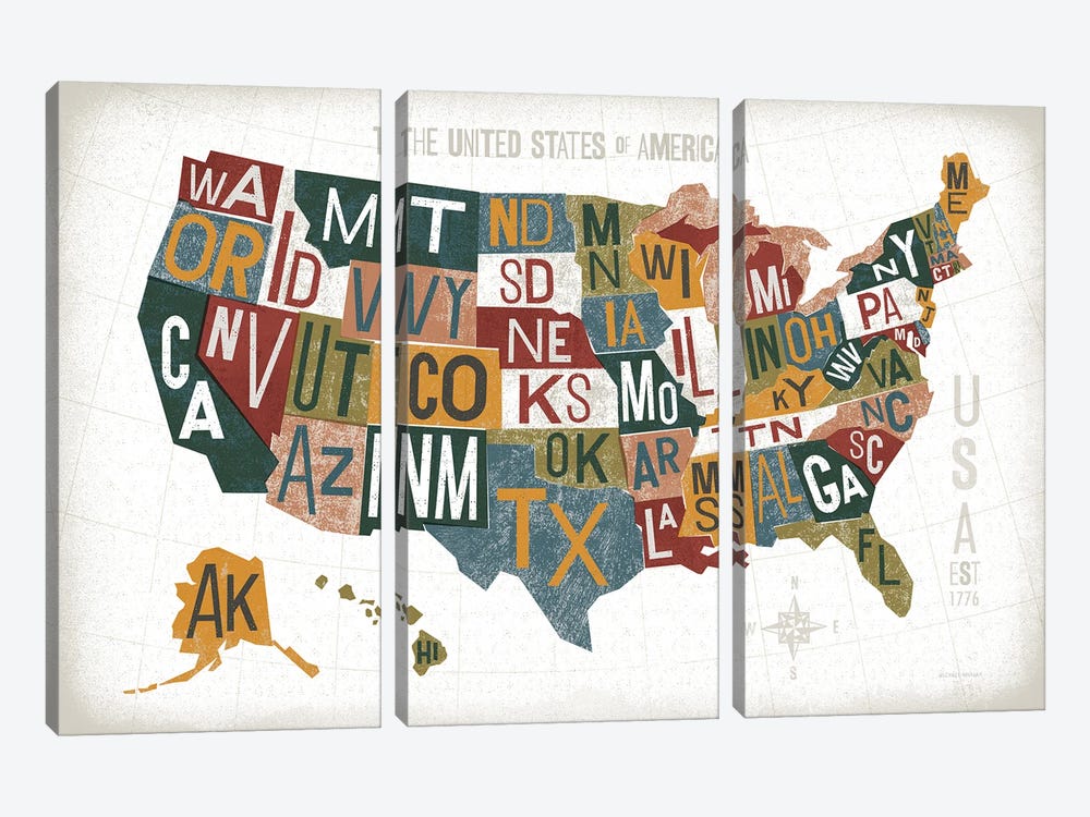 Letterpress USA Map Warm by Michael Mullan 3-piece Art Print