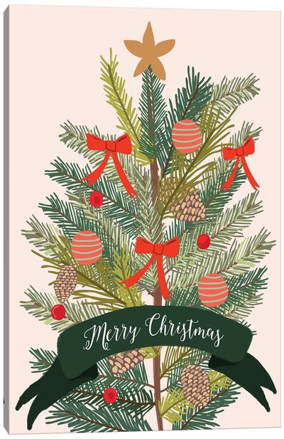 Merry Xmas Canvas Art Print - Christmas Trees & Wreath Art