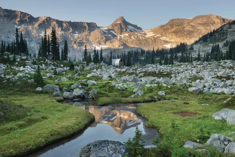 Mountains Reflected In Creek, Subalpine Meadows Of Marriott Basin, Coast Mountains, British Columbia