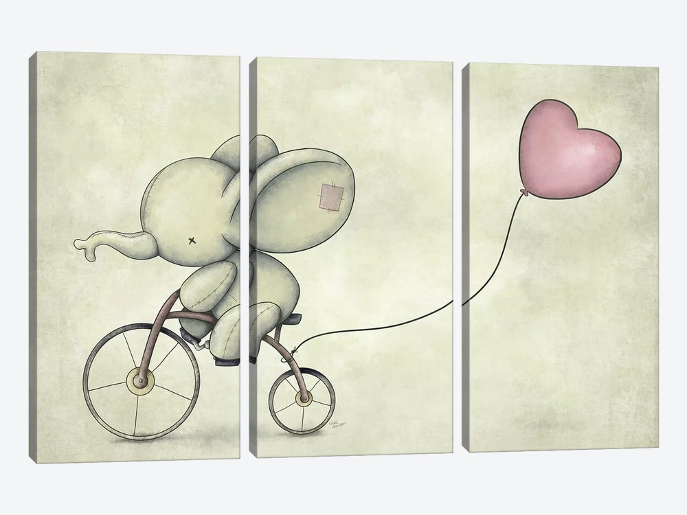 Cute Elephant Riding A Bike II by Mike Koubou 3-piece Canvas Art Print