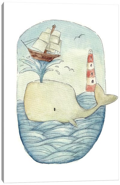 Cute Whale In The Sea Canvas Art Print - Book Illustrations 