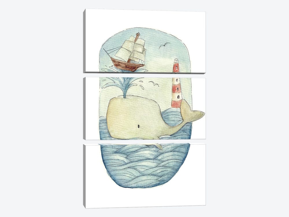 Cute Whale In The Sea by Mike Koubou 3-piece Canvas Print