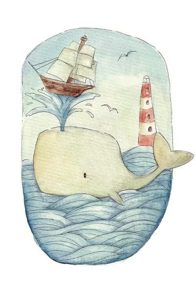 Kids Nautical Art: Cute Whale In The Sea by Mike Koubou