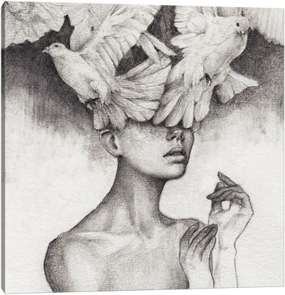 Woman And Birds Canvas Art Print - Dove & Pigeon Art