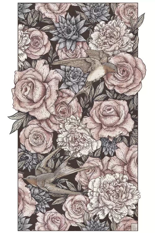 Flowers & Swallows by Mike Koubou wall art