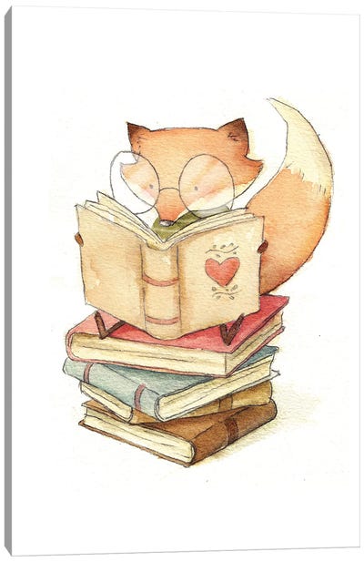 Book Lover Canvas Art Print - Fox Art