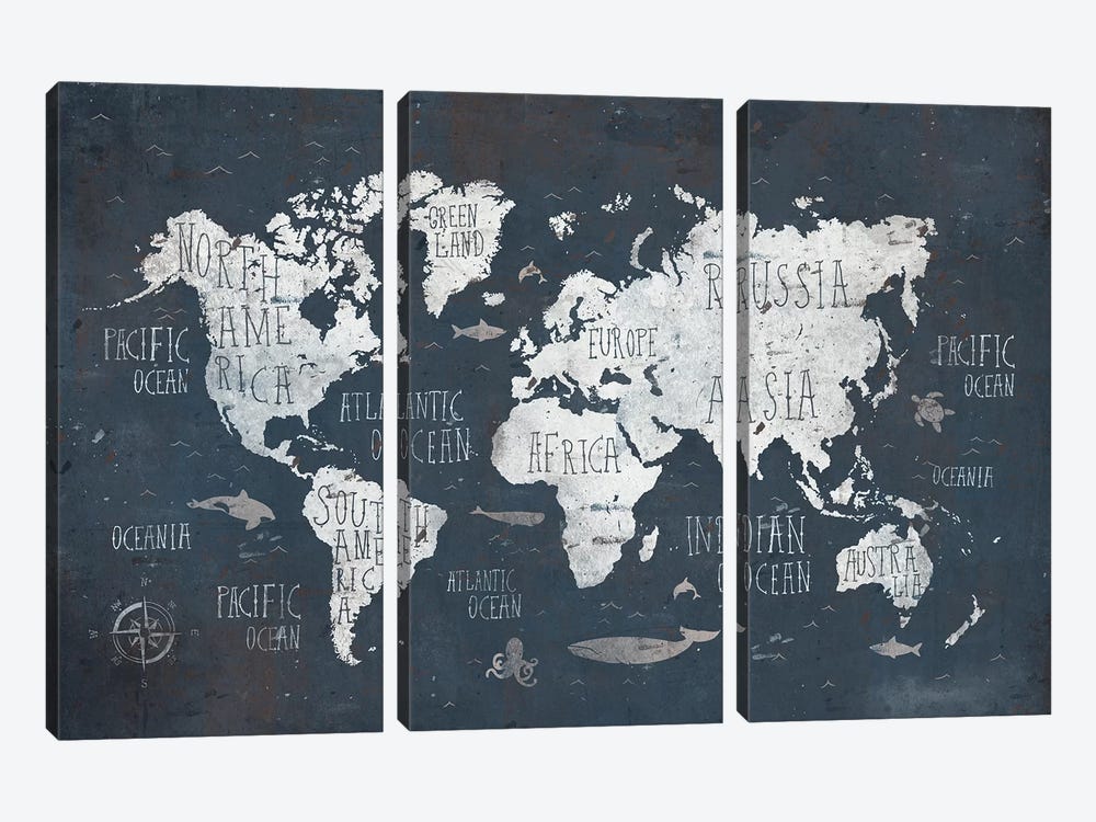 World Map by Mike Koubou 3-piece Canvas Artwork